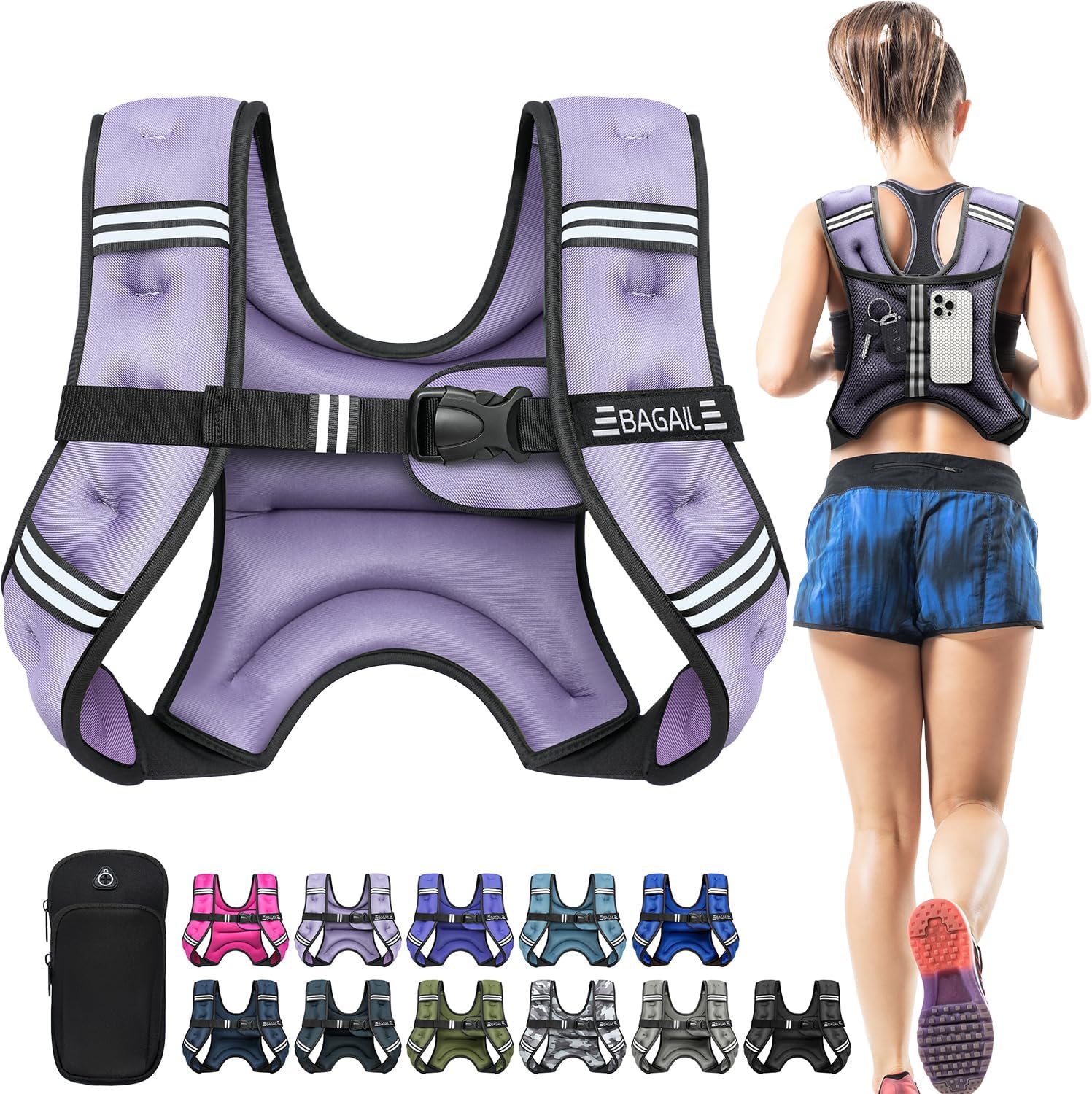 BAGAIL Comfort-Fit Weighted Vest for Woman, Even Weight Distribution, Faster Weight Loss, No-Chafe or Bounce for Walking & Running with Detachable Phone Pouch & Reflective Stripes (Available 5-30lbs)