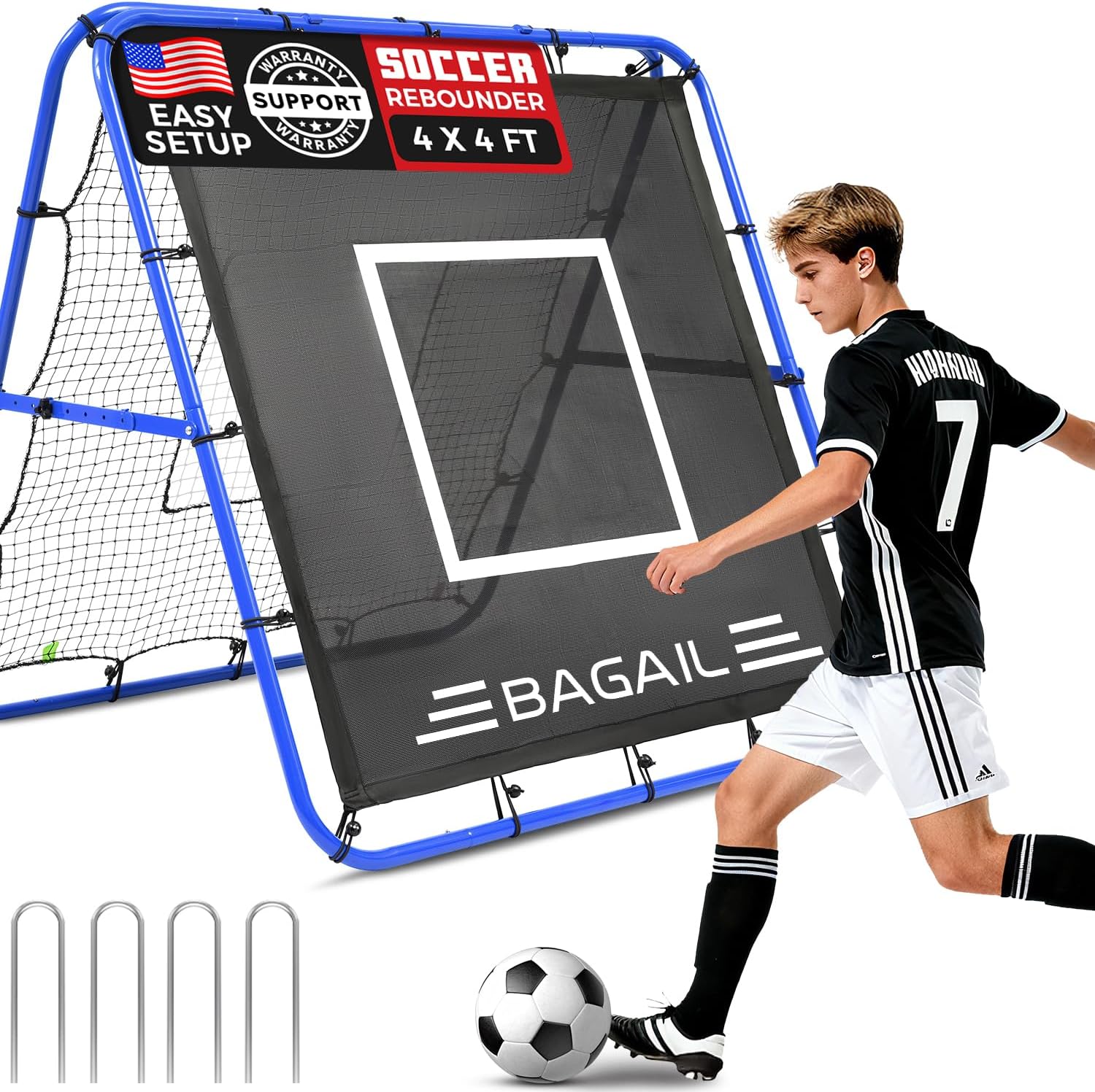 BAGAIL Soccer Rebounder Net, 4 x 4 Ft Pitch Back Baseball Softball Rebounder, Angle Adjustable Rebound Net for Control, Passing Practice, Easy Setup Bounce Back Net Gifts for Training