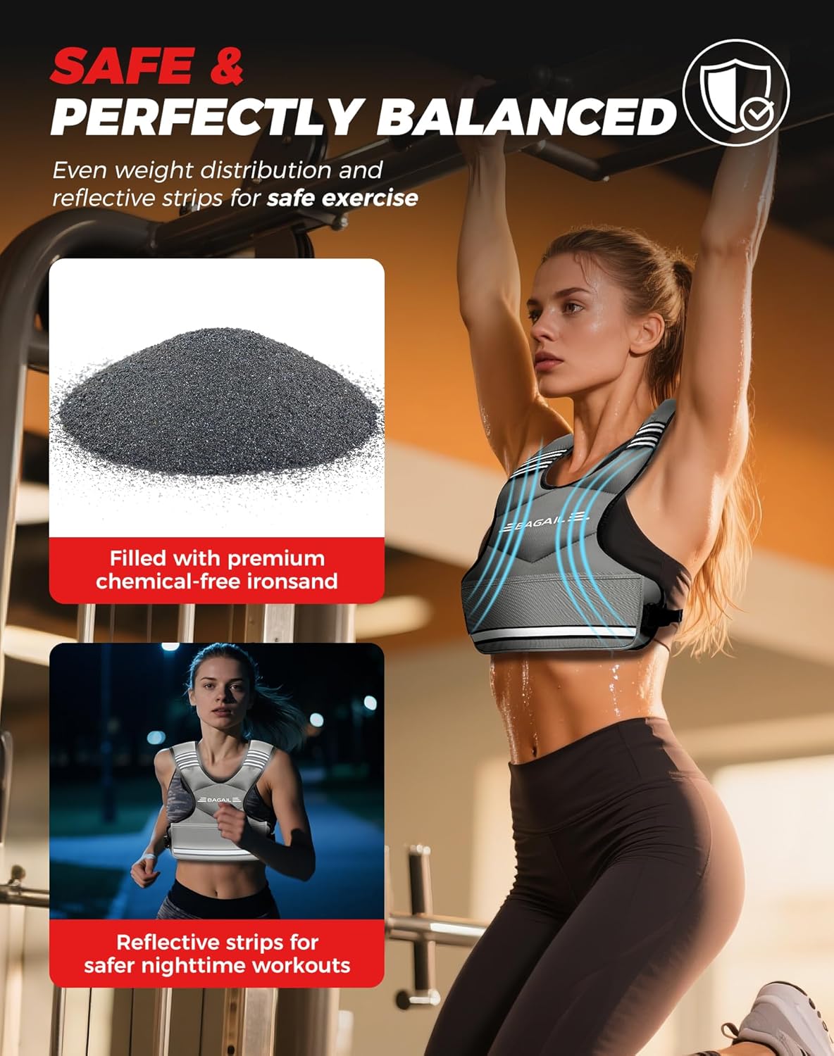 BAGAIL Adjustable Weighted Vest 4-10lb/12-18lb/20-32lb, Comfortable X-Shape & U-Neck Weight Vest for Women and Men Walking with 6 Removable Weights, Large Pocket and Reflective Strips