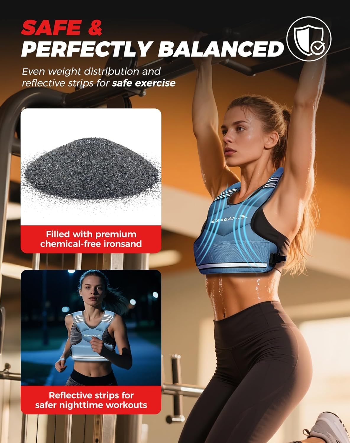 BAGAIL Adjustable Weighted Vest 4-10lb/12-18lb/20-32lb, Comfortable X-Shape & U-Neck Weight Vest for Women and Men Walking with 6 Removable Weights, Large Pocket and Reflective Strips