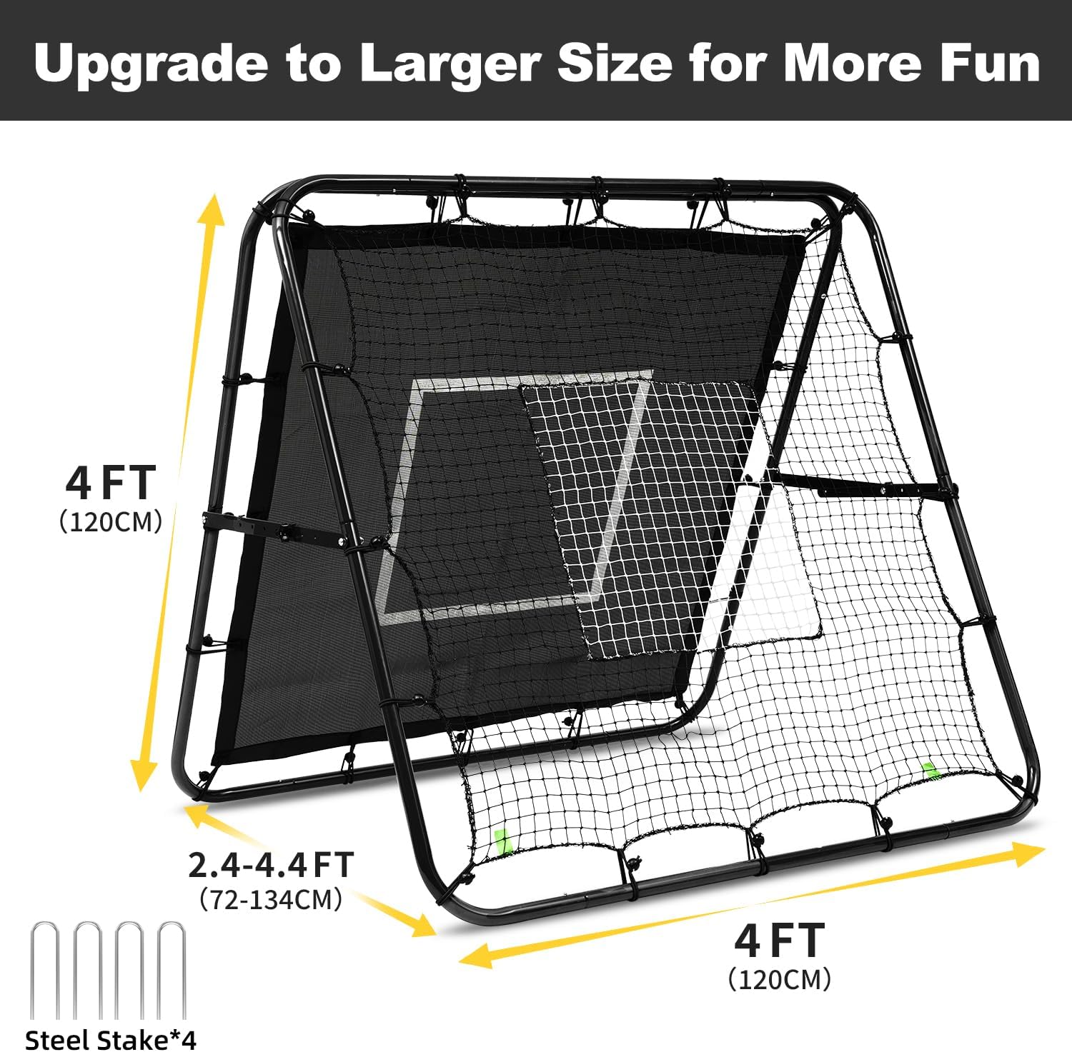 BAGAIL Soccer Rebounder Net, 4 x 4 Ft Pitch Back Baseball Softball Rebounder, Angle Adjustable Rebound Net for Control, Passing Practice, Easy Setup Bounce Back Net Gifts for Training