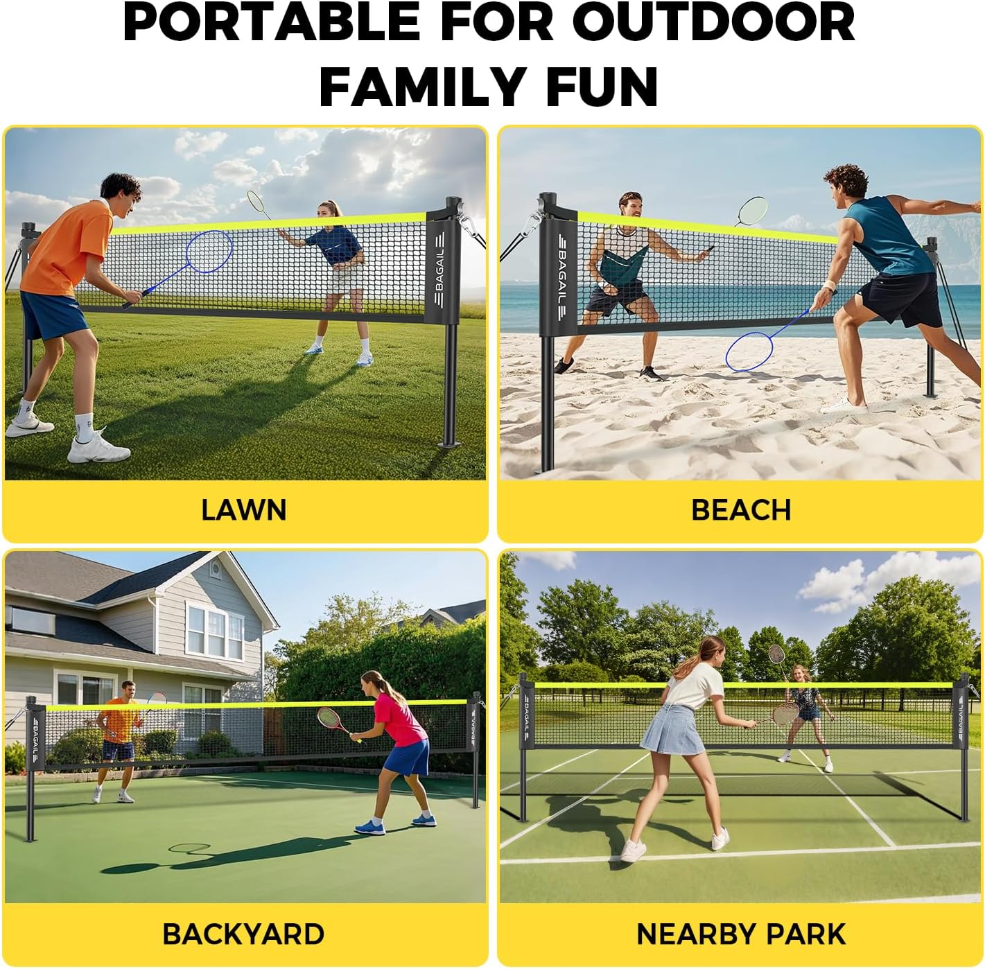 BAGAIL Outdoor Badminton Net Set with Anti-Sag Winch System - Official Size 20ft x 5ft, 4 Rackets, 3 Shuttlecocks, Durable PE Net & Carry Bag for Backyard, Beach, Family Games