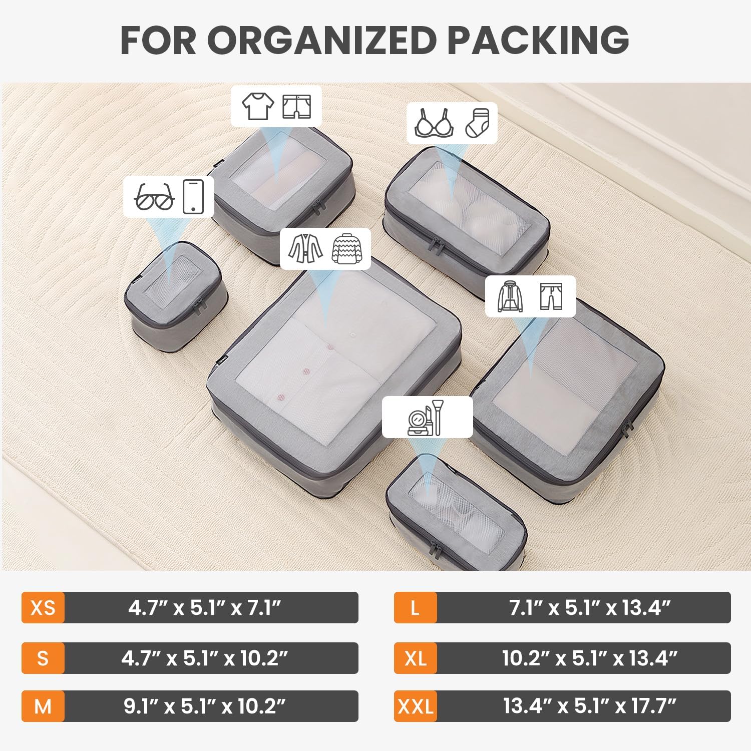 BAGAIL 6 Set Compression Packing Cubes Luggage Organizer Bags Travel Accessories Expandable Packing Organizers-BAGAIL