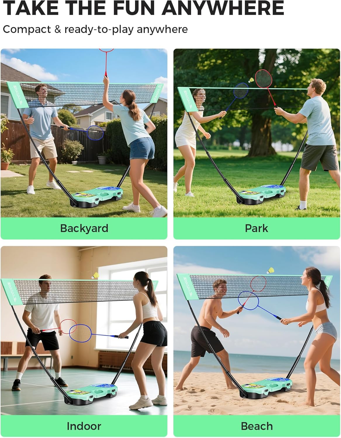 BAGAIL Portable Badminton Net Set, Pop-Up Net with Carry Case, Complete 4 Racket Set for Backyard, Park & Beach Games, Quick Setup Indoor Outdoor Sports Equipment for Backyard Fun