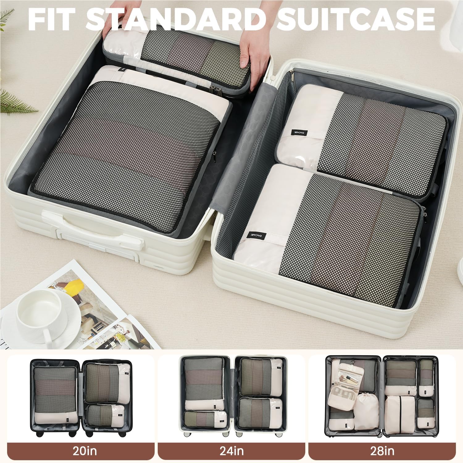 BAGAIL 6 Set Lightweight Compression Packing Cubes with Packing List, Anti-Tearing Expandable Organizer Bags for Travel