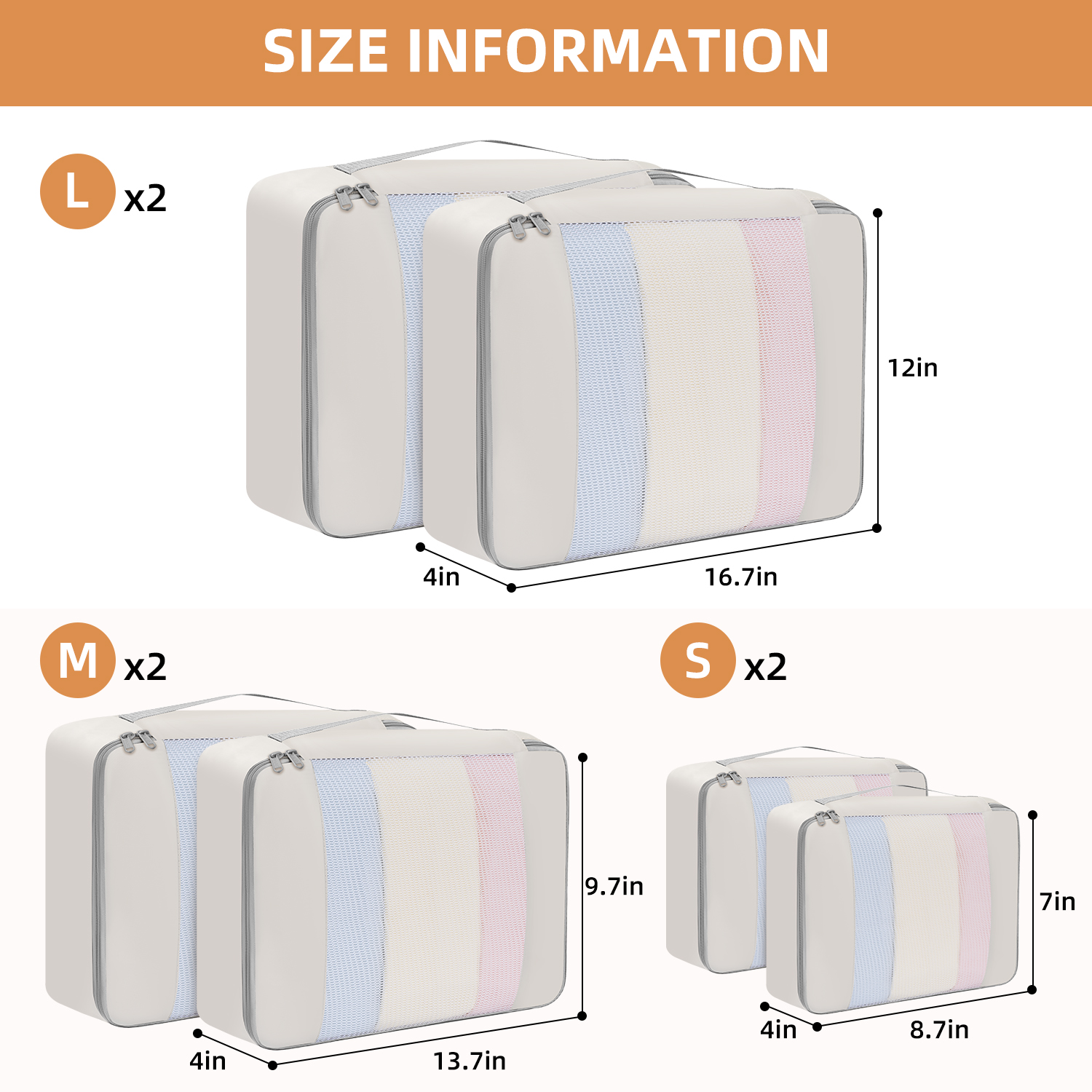 6 Set middle MeshPacking Cubes Various Sizes Packing Organizer for Travel Accessories Luggage Carry On Suitcas