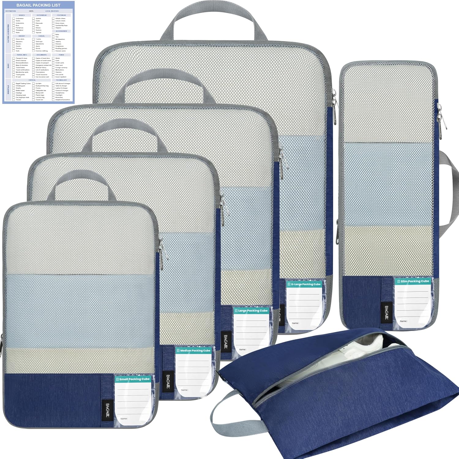 6 Set Label & Half Mesh Compression Packing Cubes with Packing List