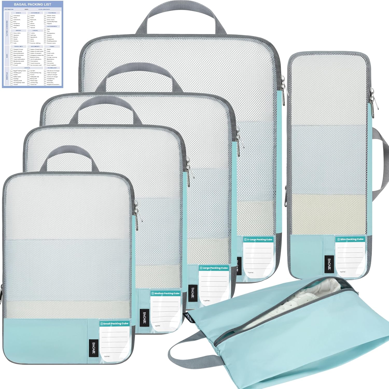 6 Set Label & Half Mesh Compression Packing Cubes with Packing List