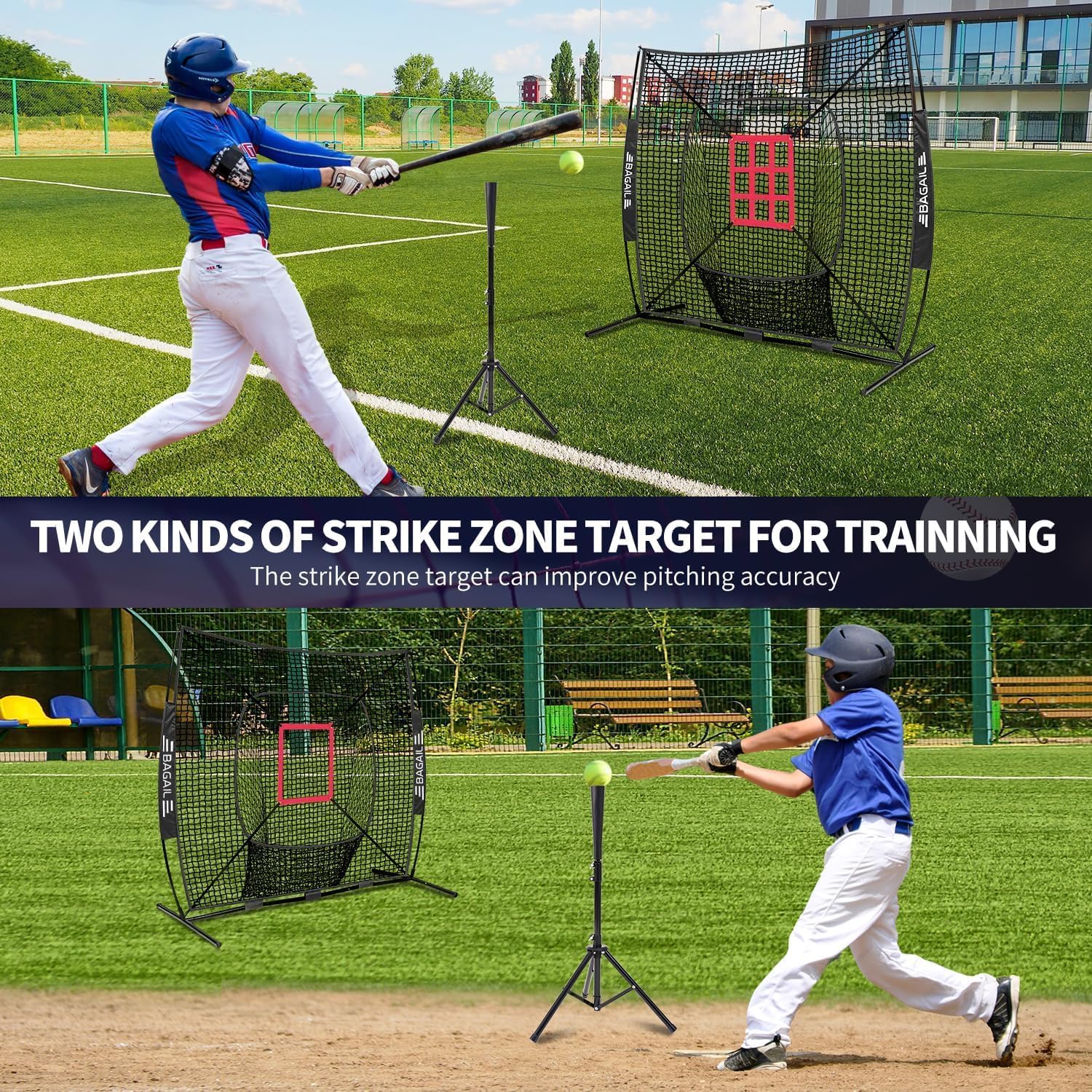 BAGAIL 7x7 ft Extra Large Baseball & Softball Training Net with Batting Tee, Heavy Duty Reinforced Steel Frame, Oversized Hitting Zone for All Levels, Portable Backstop with Carry Bag