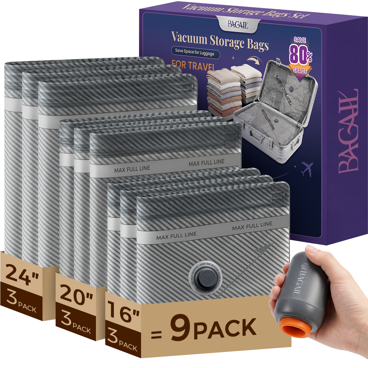 BAGAIL Vacuum Storage Bags with Cordless Pump, Travel Compression