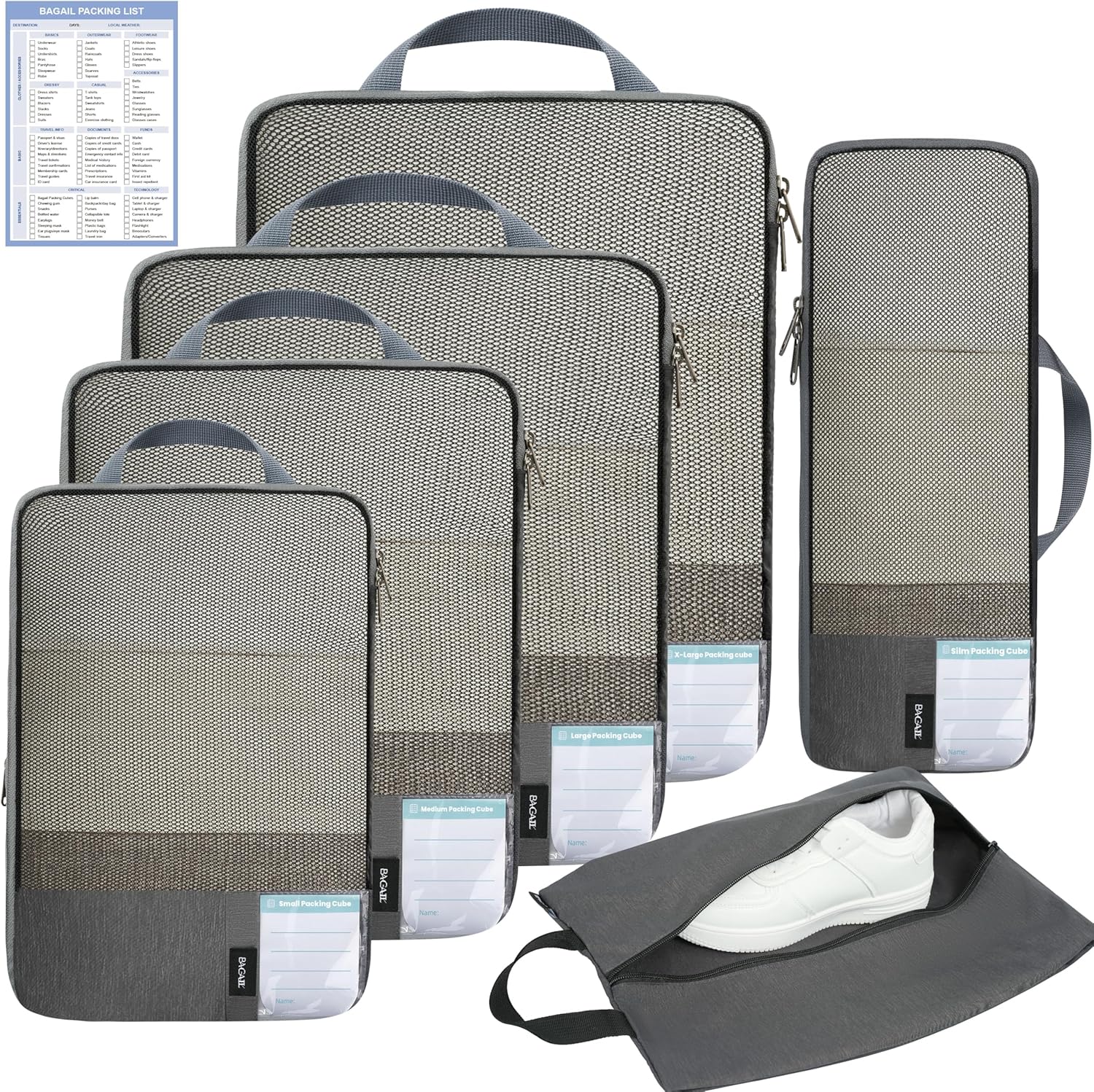 6 Set Label & Half Mesh Compression Packing Cubes with Packing List