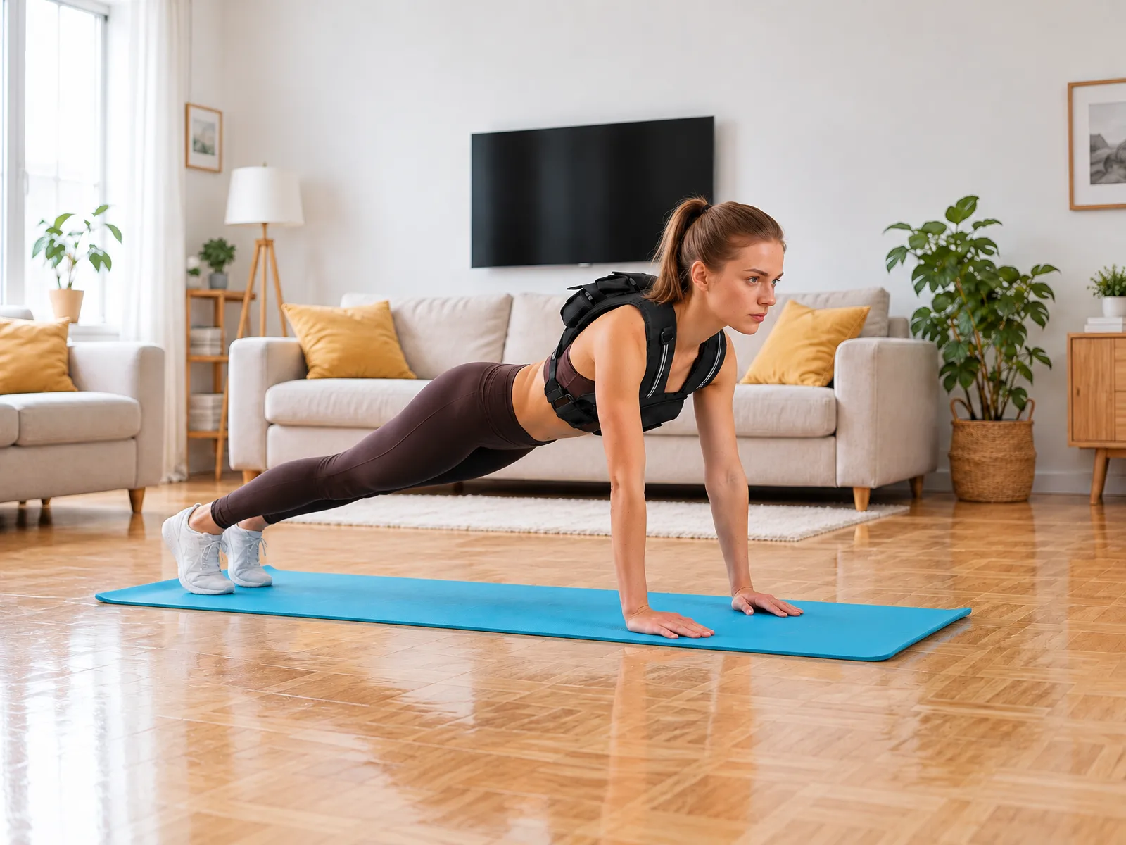 Woman doing a plank at home wearing the BAGAIL 20 lb weighted vest &mdash; text-free scene