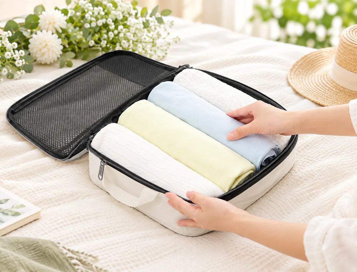 Rolled clothes sorted inside a cream compression packing cube