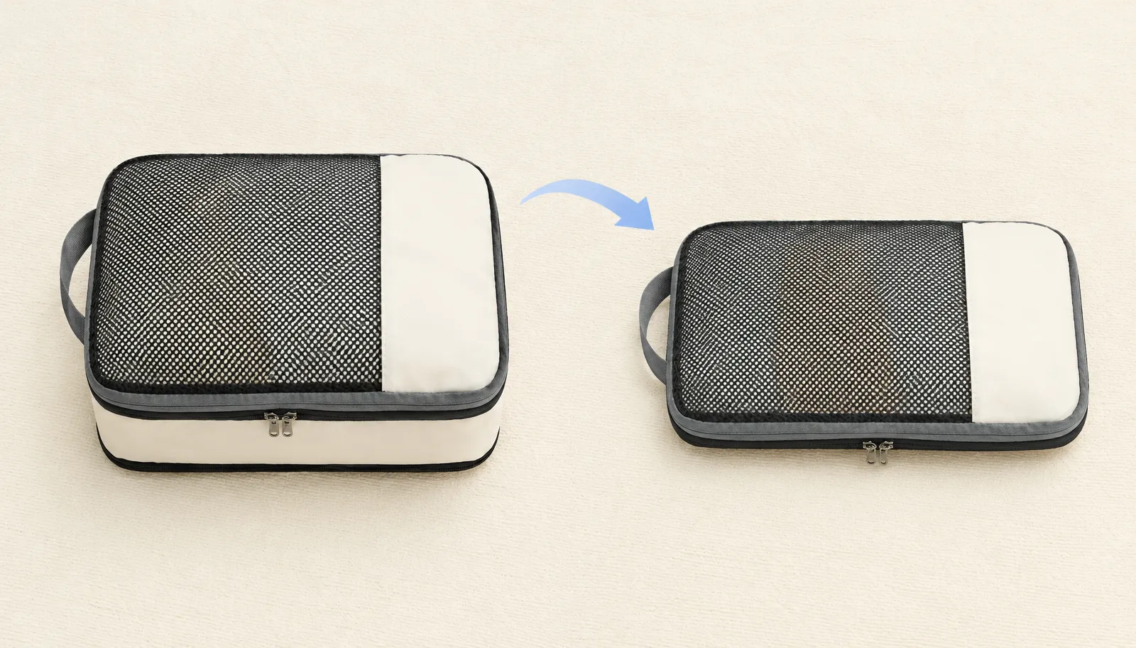 Same packing cube before and after compression, flattened by the middle zipper