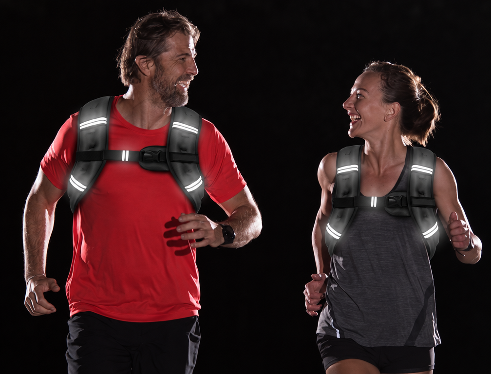 Man and woman running at night in reflective BAGAIL weighted vests