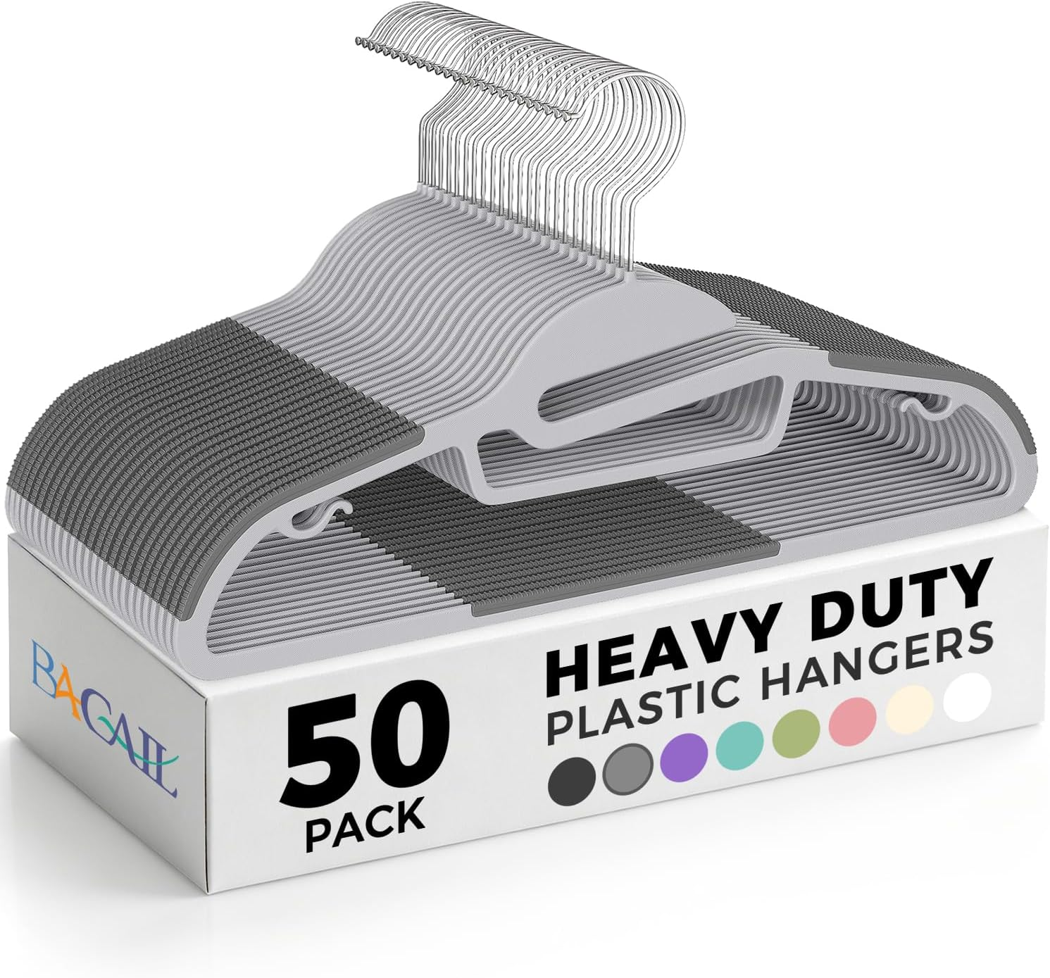 BAGAIL 50-pack box with the stack of 50 slim plastic hangers