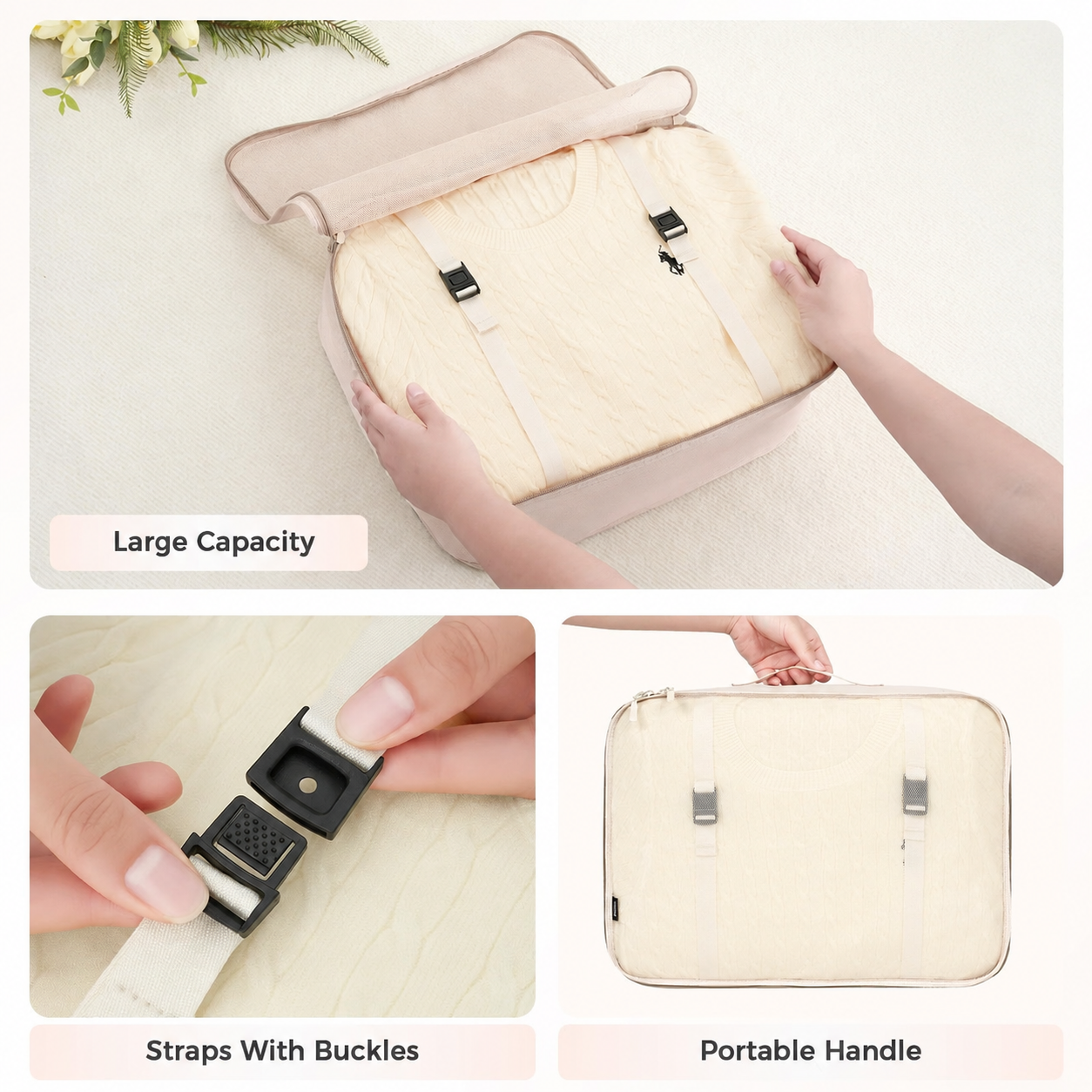 Large capacity interior, adjustable buckle straps and portable top handle
