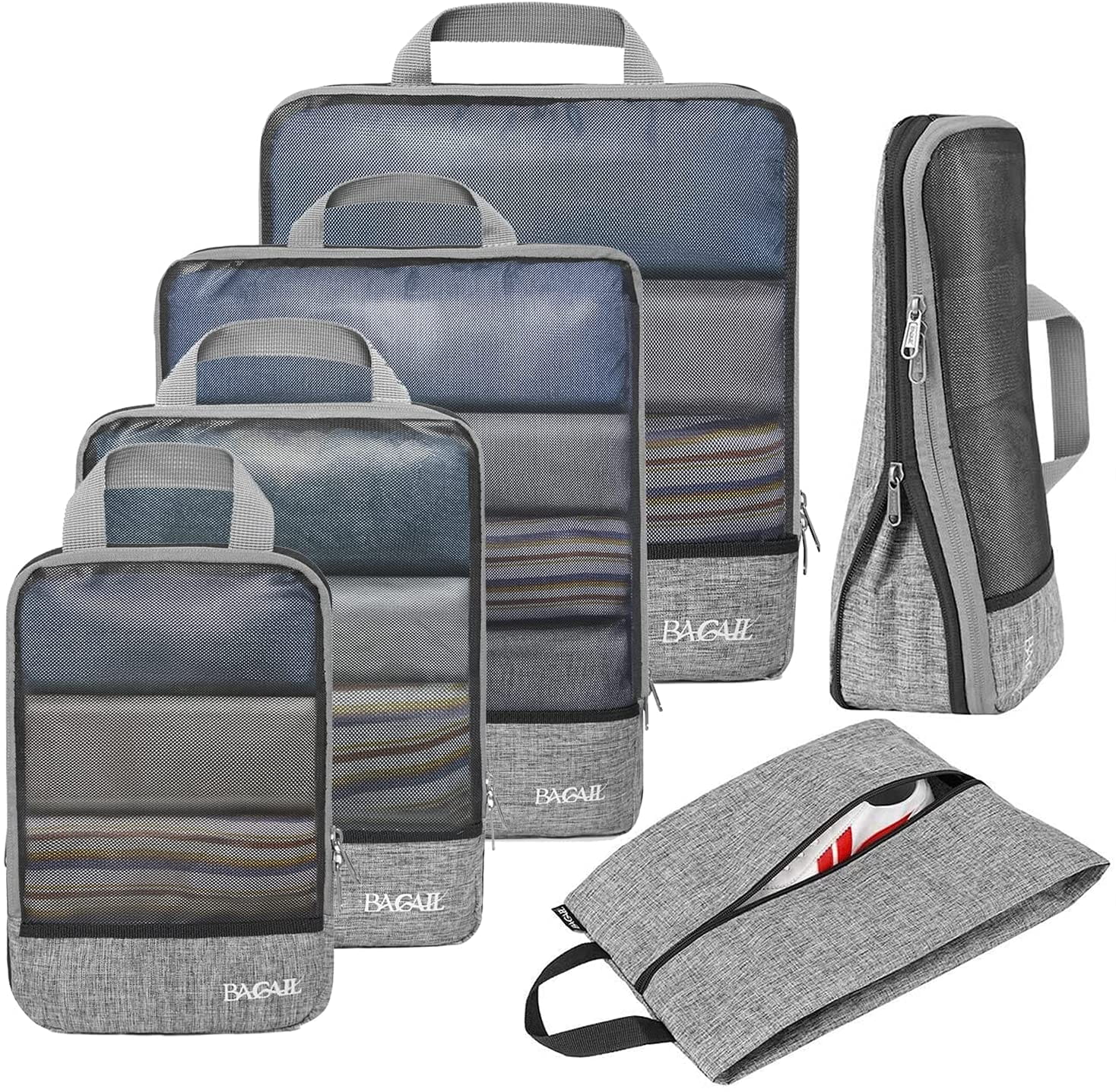 BAGAIL 4 Set/6 Set Compression Packing Cubes Travel Expandable Packing Organizers BAGAIL STORAGE_BAG grey light