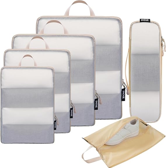 BAGAIL 5 Set/6 Set Ultralight Compression Packing Cubes Travel Accessories Expandable Packing Organizers(Black 6Set Mesh Pattern) Bagail STORAGE_BAG 6-beige / Mesh pattern