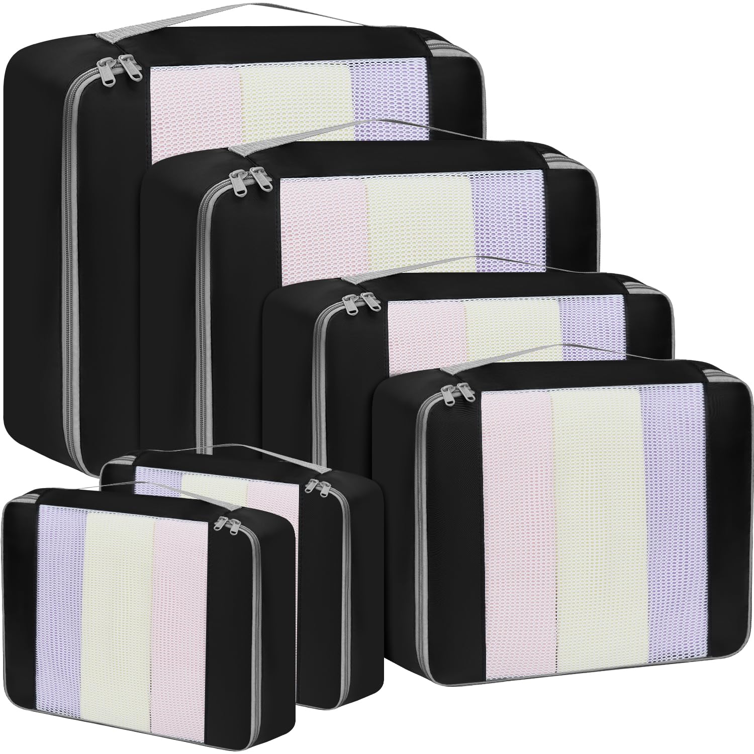 BAGAIL 6 Set Packing Cubes Various Sizes Packing Organizer for Travel Accessories Luggage Carry On Suitcase-Beige BAGAIL STORAGE_BAG 06-Black / 6 Set-middle Mesh