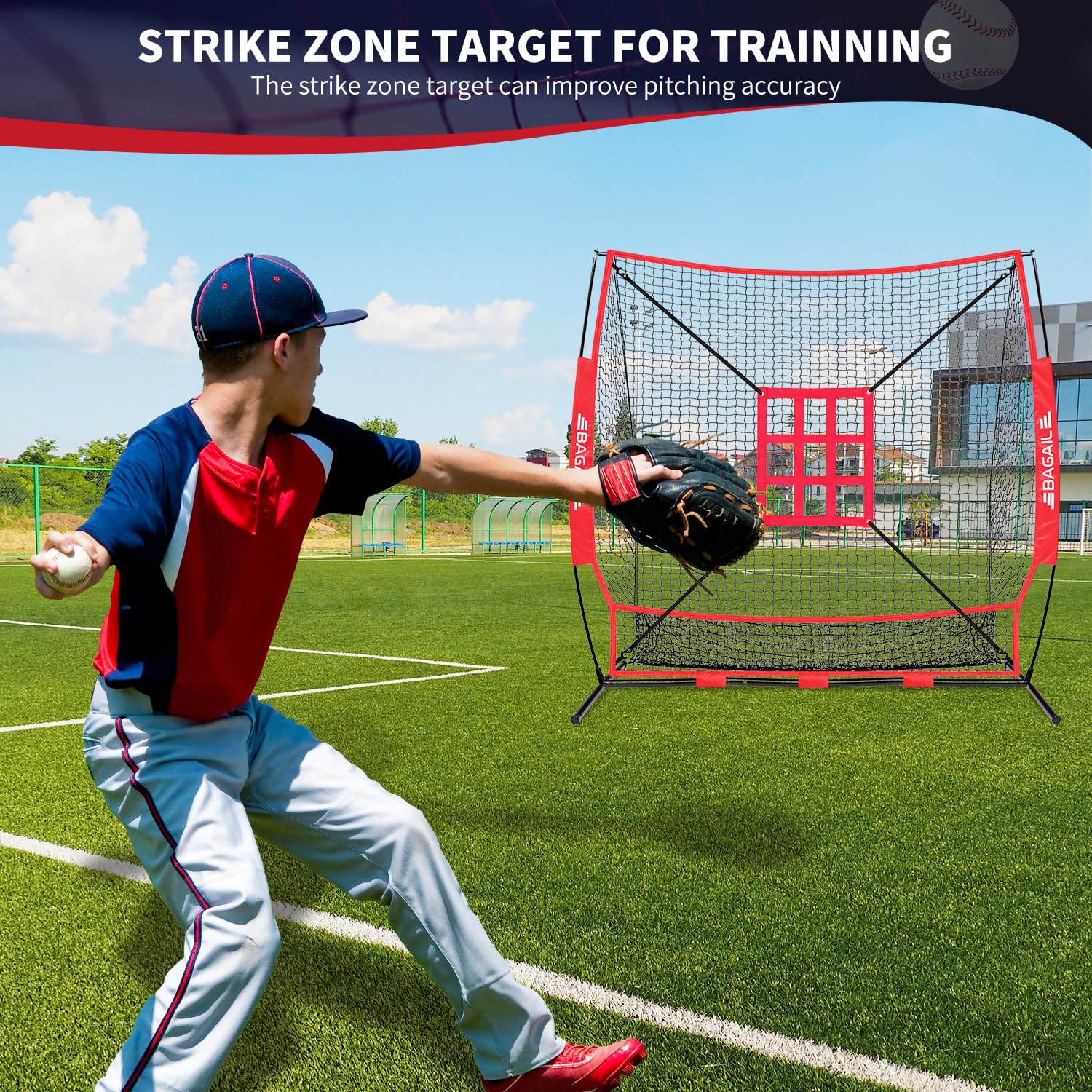 BAGAIL 7x7 ft Baseball & Softball Practice Net with Bow Frame for Batting, Hitting, Pitching, Portable Baseball Throwing Net with Strike Zone, Carry Bag, Baseball Training Aid for All Levels EO-UP SPORT_TARGET