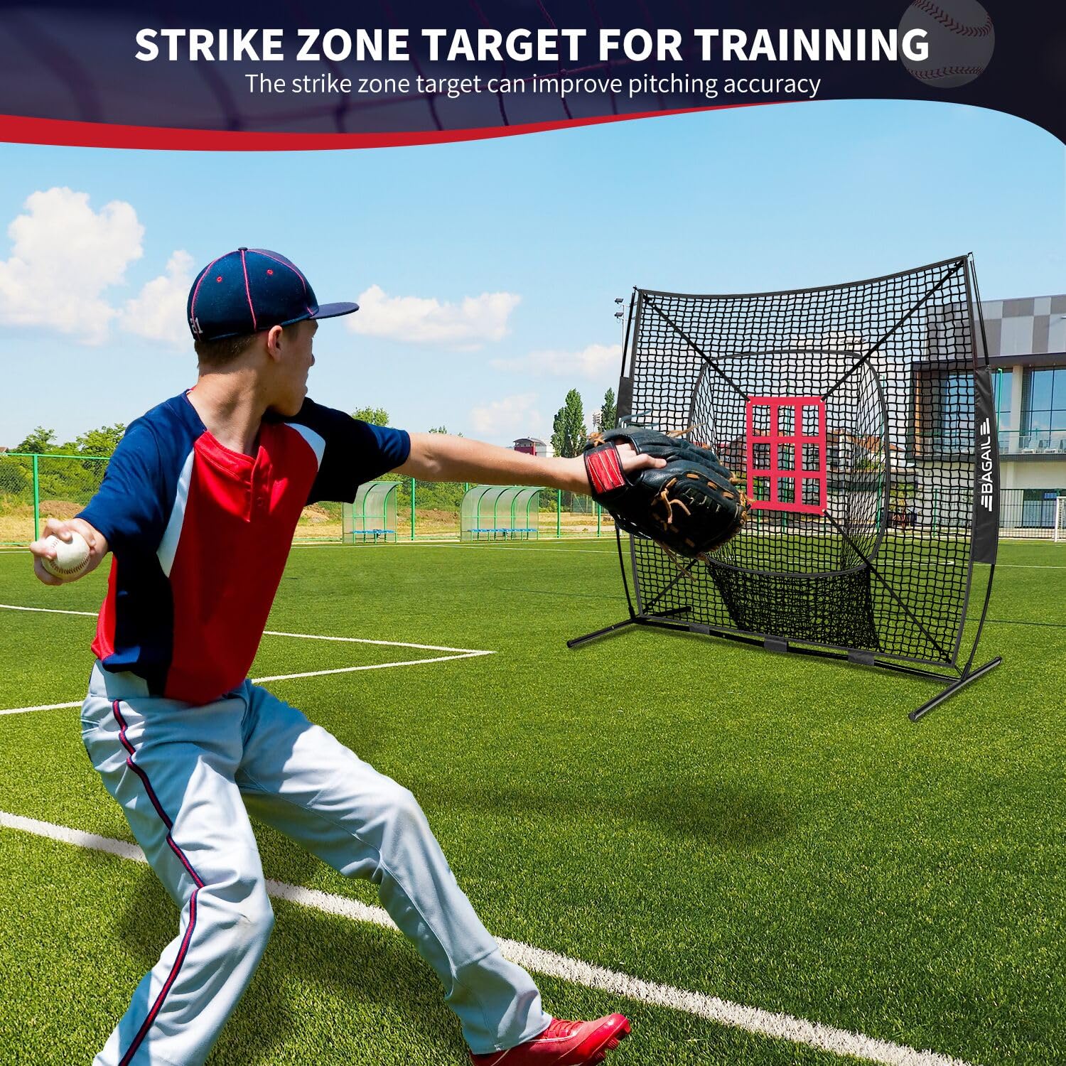 BAGAIL 7x7 ft Baseball & Softball Practice Net with Bow Frame for Batting, Hitting, Pitching, Portable Baseball Throwing Net with Strike Zone, Carry Bag, Baseball Training Aid for All Levels EO-UP SPORT_TARGET