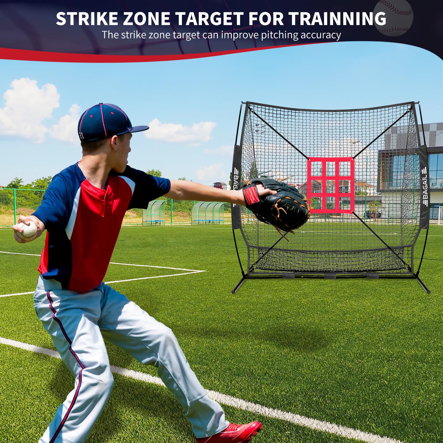 BAGAIL 7x7 ft Baseball & Softball Practice Net with Bow Frame for Batting, Hitting, Pitching, Portable Baseball Throwing Net with Strike Zone, Carry Bag, Baseball Training Aid for All Levels EO-UP SPORT_TARGET