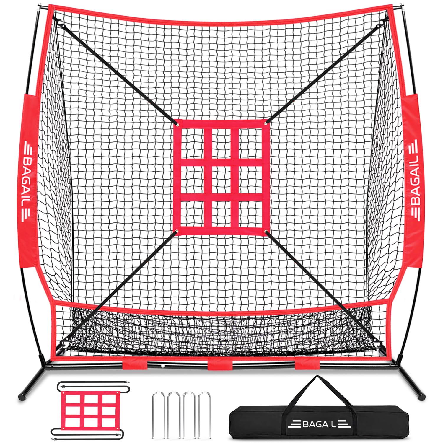 BAGAIL 7x7 ft Baseball & Softball Practice Net with Bow Frame for Batting, Hitting, Pitching, Portable Baseball Throwing Net with Strike Zone, Carry Bag, Baseball Training Aid for All Levels EO-UP SPORT_TARGET Full Mouth - Red / Red