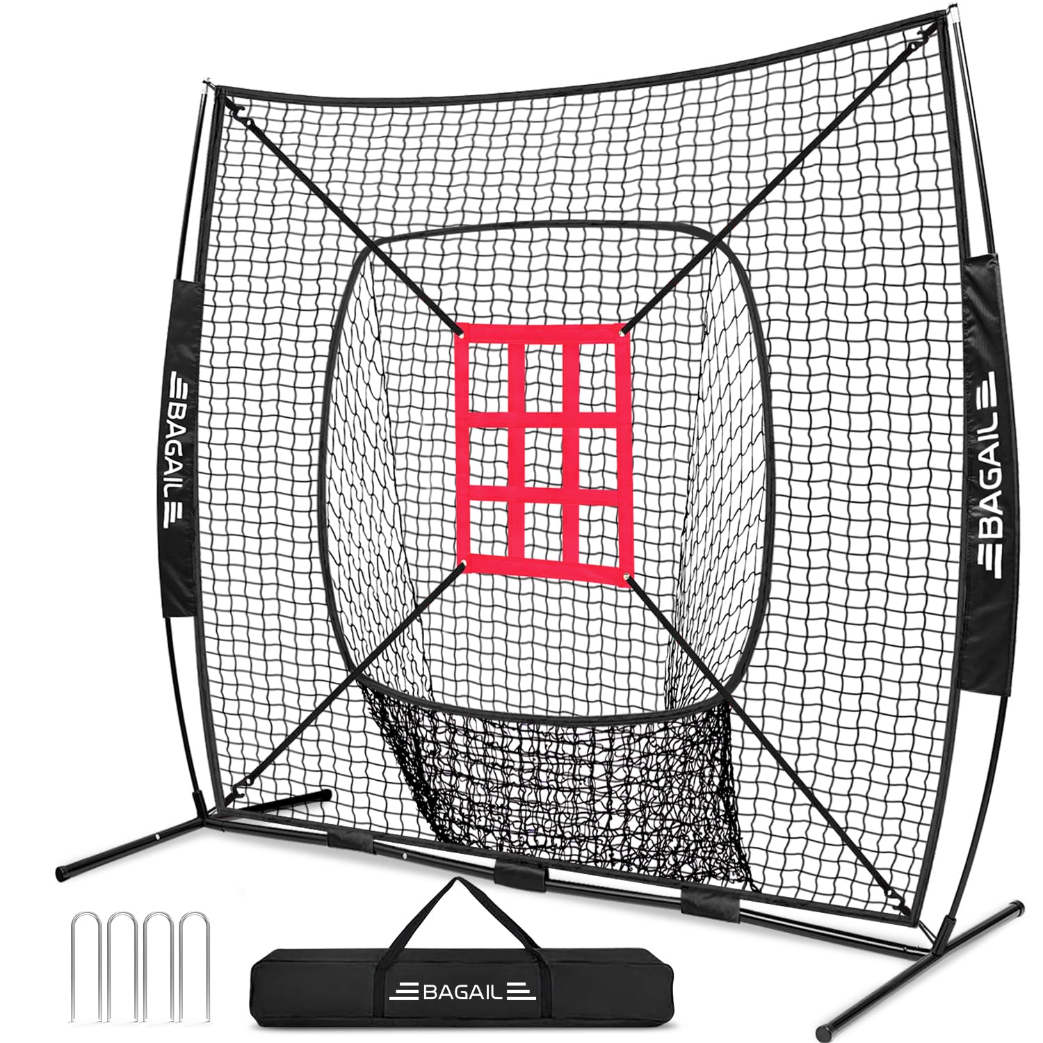 BAGAIL 7x7 ft Baseball & Softball Practice Net with Bow Frame for Batting, Hitting, Pitching, Portable Baseball Throwing Net with Strike Zone, Carry Bag, Baseball Training Aid for All Levels EO-UP SPORT_TARGET Sock Pocket - Black / Black