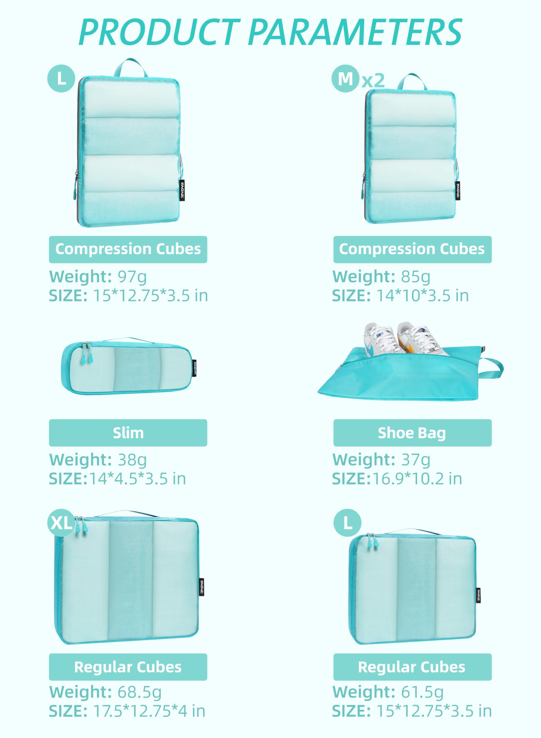 Bagail Ultralight Packing Cubes 7 Set, 3 Compression Packing Cubes 3 Packing Organizers With 1 Shoe Bag-Beige Mesh Bagail STORAGE_BAG