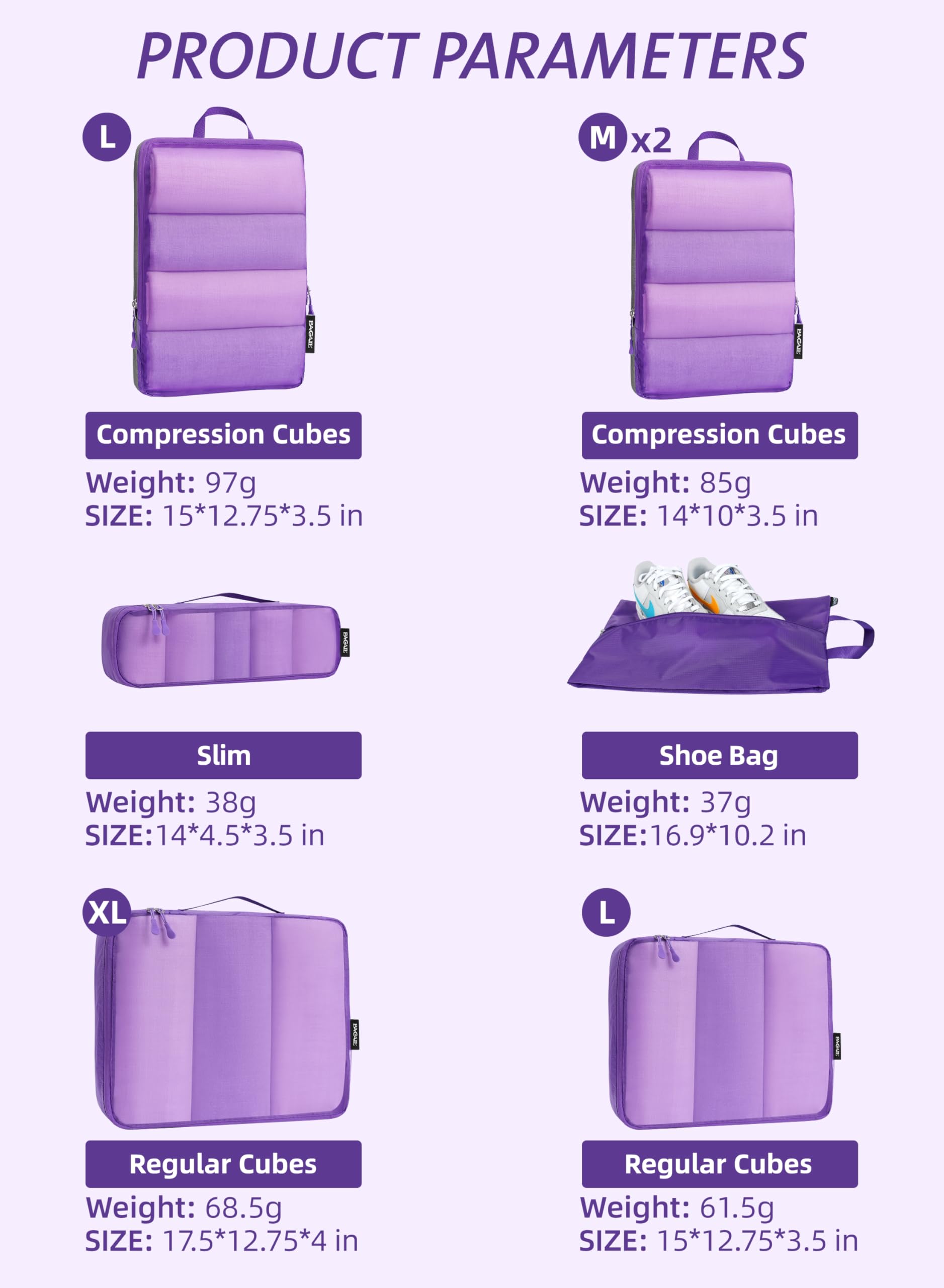 Bagail Ultralight Packing Cubes 7 Set, 3 Compression Packing Cubes 3 Packing Organizers With 1 Shoe Bag-Beige Mesh Bagail STORAGE_BAG