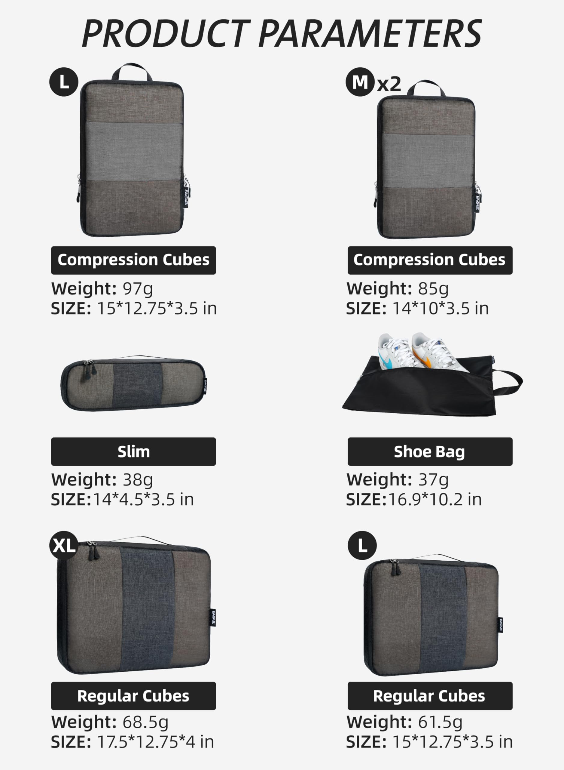 Bagail Ultralight Packing Cubes 7 Set, 3 Compression Packing Cubes 3 Packing Organizers With 1 Shoe Bag-Beige Mesh Bagail STORAGE_BAG