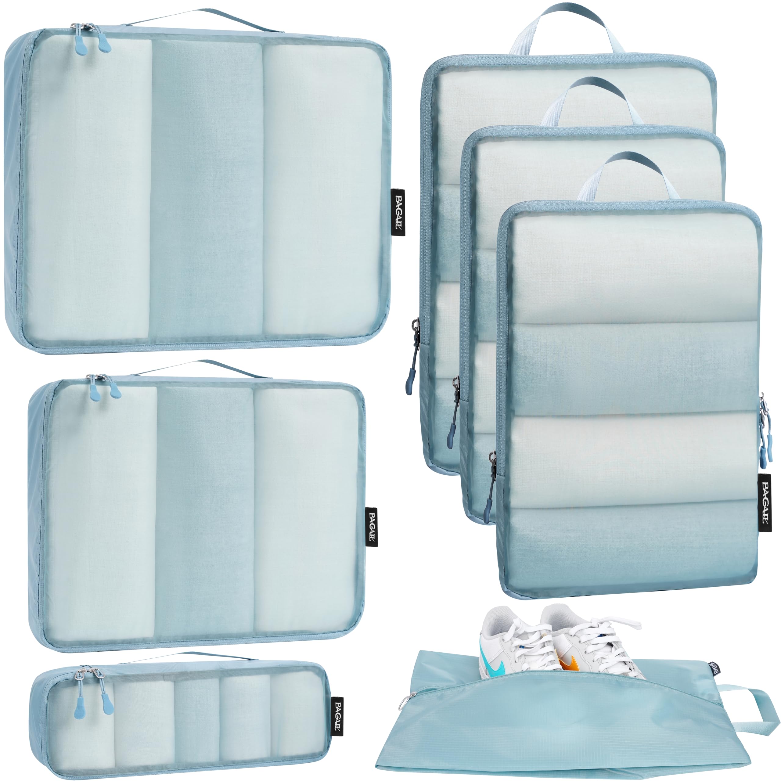 Bagail Ultralight Packing Cubes 7 Set, 3 Compression Packing Cubes 3 Packing Organizers With 1 Shoe Bag-Beige Mesh Bagail STORAGE_BAG Dusty Blue / Mesh Pattern