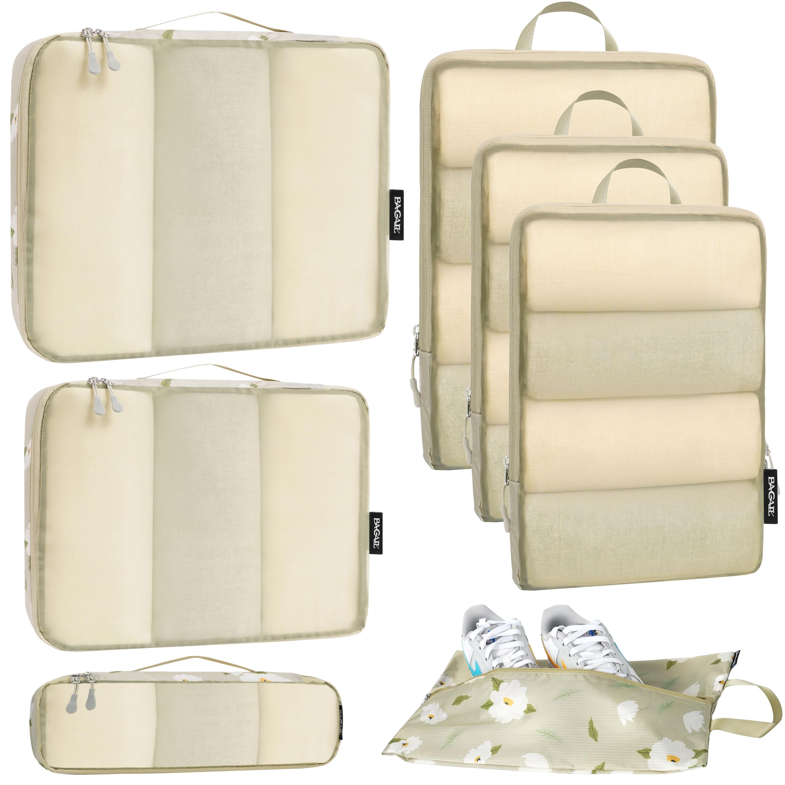 Bagail Ultralight Packing Cubes 7 Set, 3 Compression Packing Cubes 3 Packing Organizers With 1 Shoe Bag-Beige Mesh Bagail STORAGE_BAG Flower / Mesh Pattern