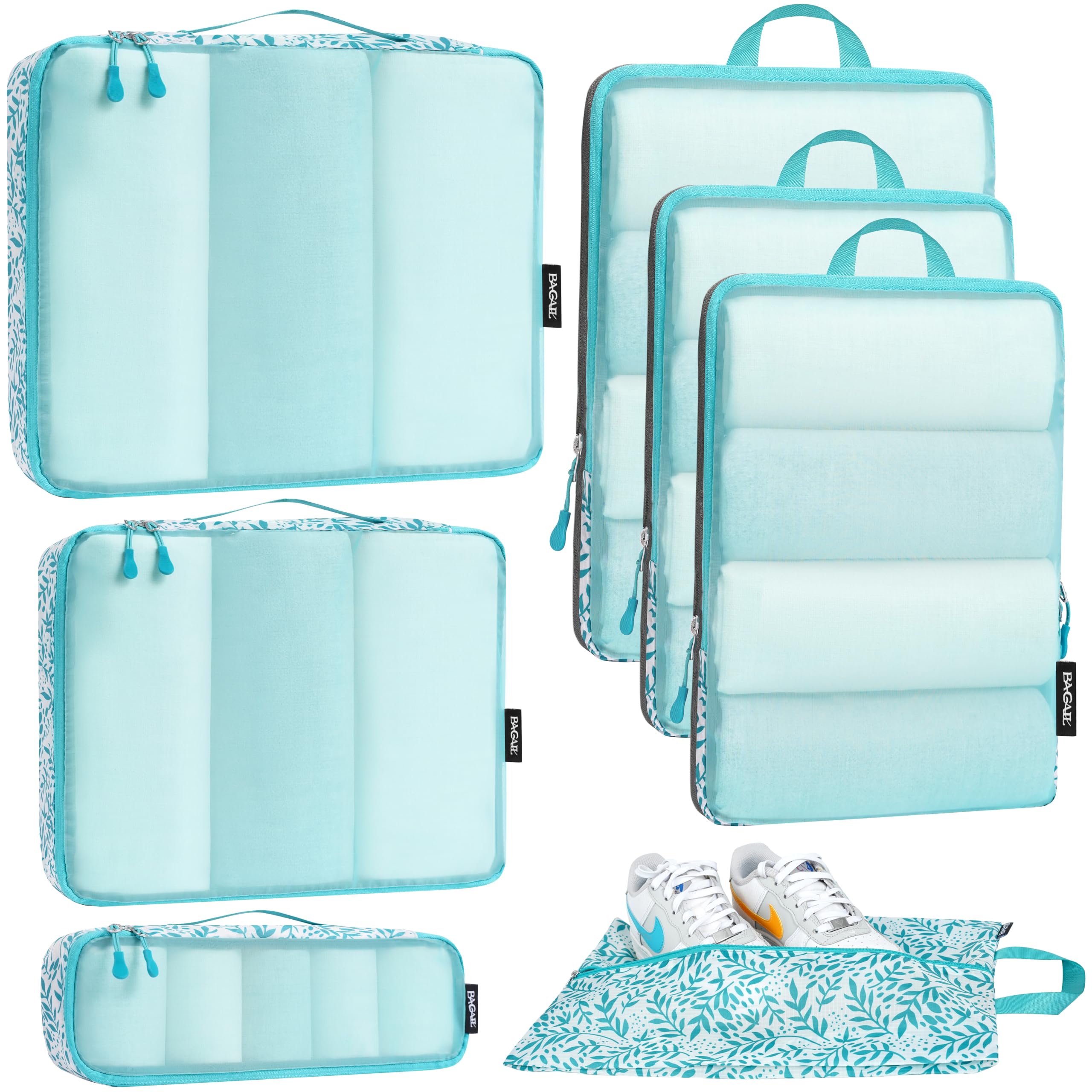 Bagail Ultralight Packing Cubes 7 Set, 3 Compression Packing Cubes 3 Packing Organizers With 1 Shoe Bag-Beige Mesh Bagail STORAGE_BAG Leaf / Mesh Pattern