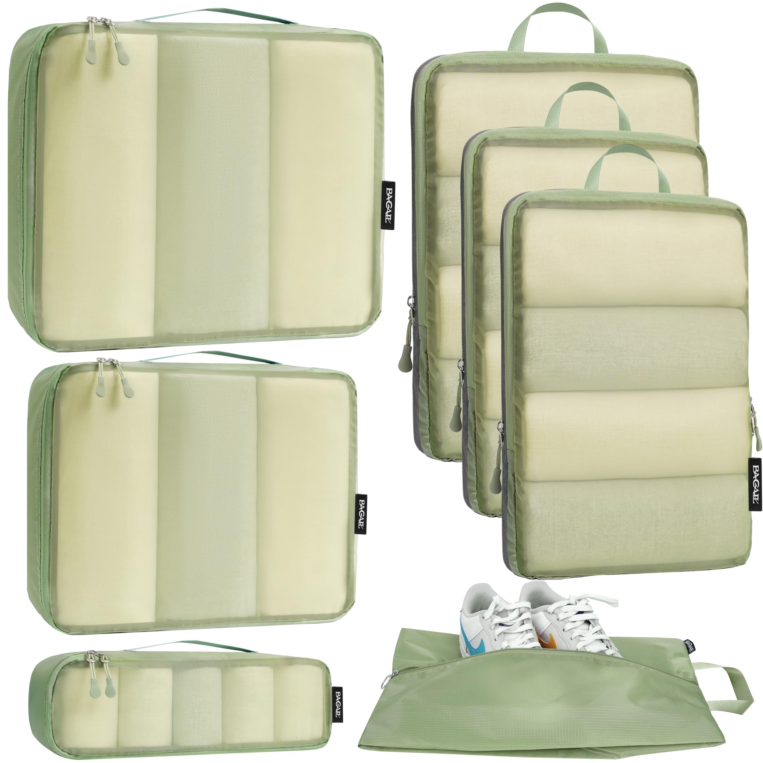 Bagail Ultralight Packing Cubes 7 Set, 3 Compression Packing Cubes 3 Packing Organizers With 1 Shoe Bag-Beige Mesh Bagail STORAGE_BAG Matcha / Mesh Pattern