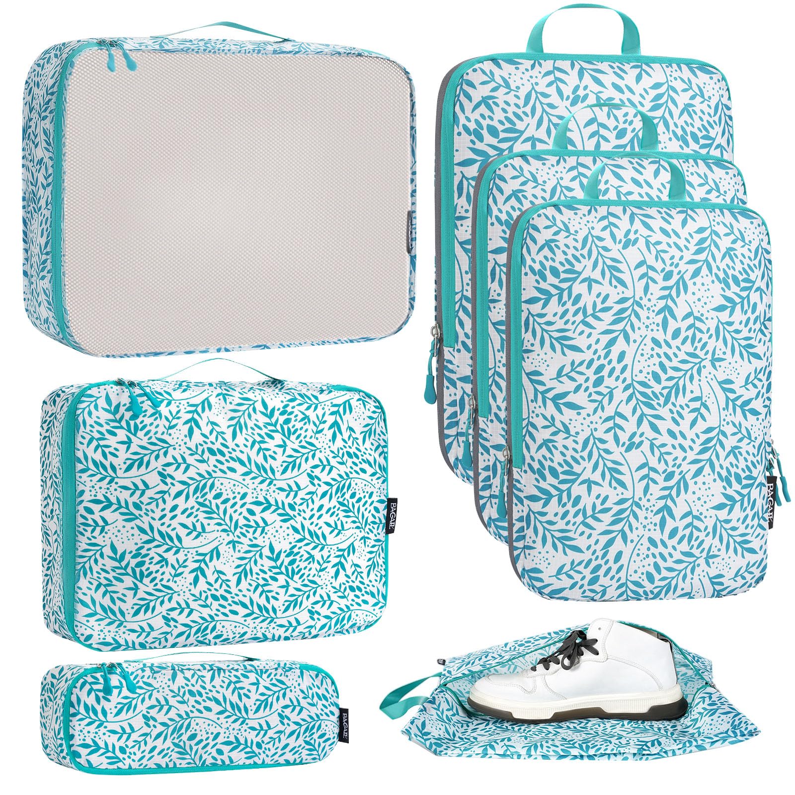 Bagail Ultralight Packing Cubes 7 Set, 3 Compression Packing Cubes 3 Packing Organizers With 1 Shoe Bag-Beige Mesh Bagail STORAGE_BAG The Leaf / Cloth Pattern