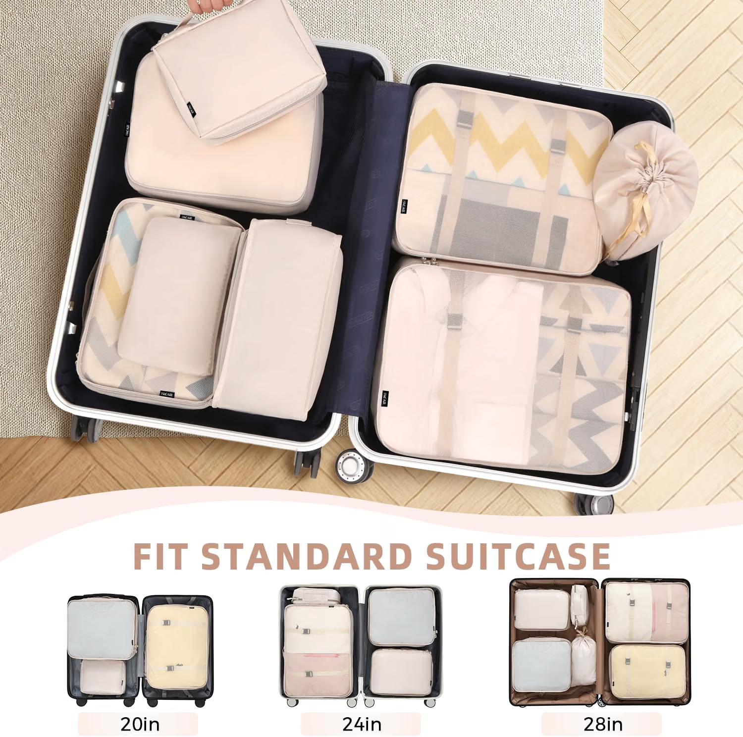 Packing cubes arranged inside 20, 24 and 28 inch suitcases
