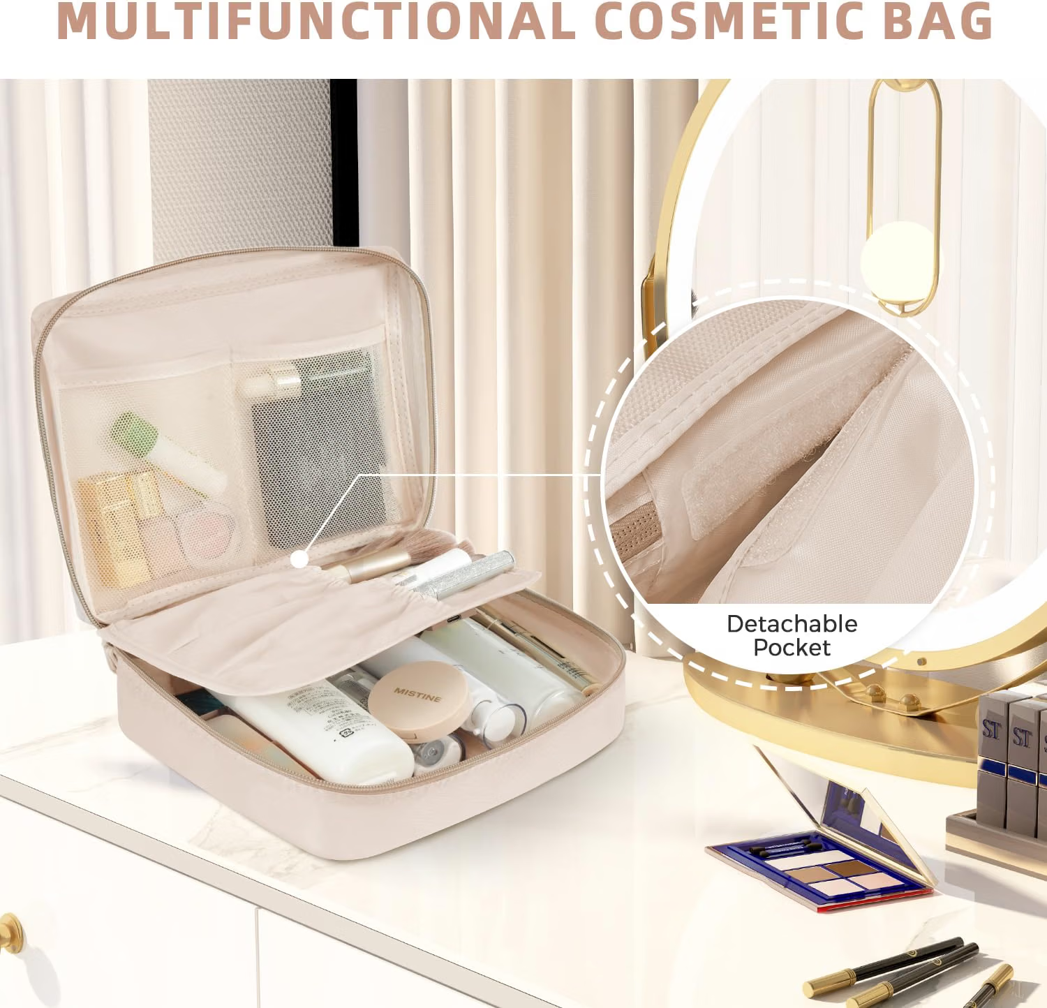 Multifunctional cosmetic bag with mesh pockets and detachable inner pocket