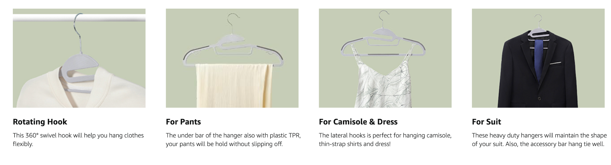 Four panels: Rotating Hook, For Pants, For Camisole & Dress, For Suit