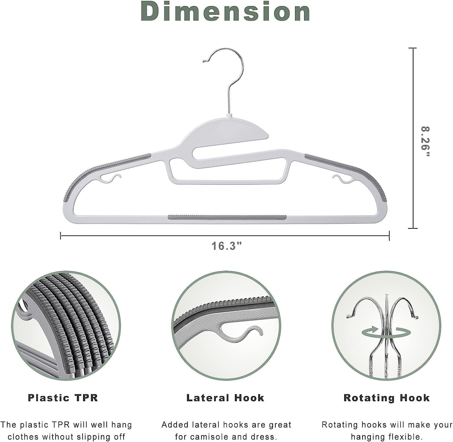Official dimension diagram: 16.3 in wide, 8.26 in tall, plastic TPR pads, lateral hook and rotating hook callouts