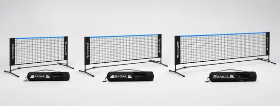 The 10 ft, 14 ft and 17 ft net widths standing side by side on a lawn