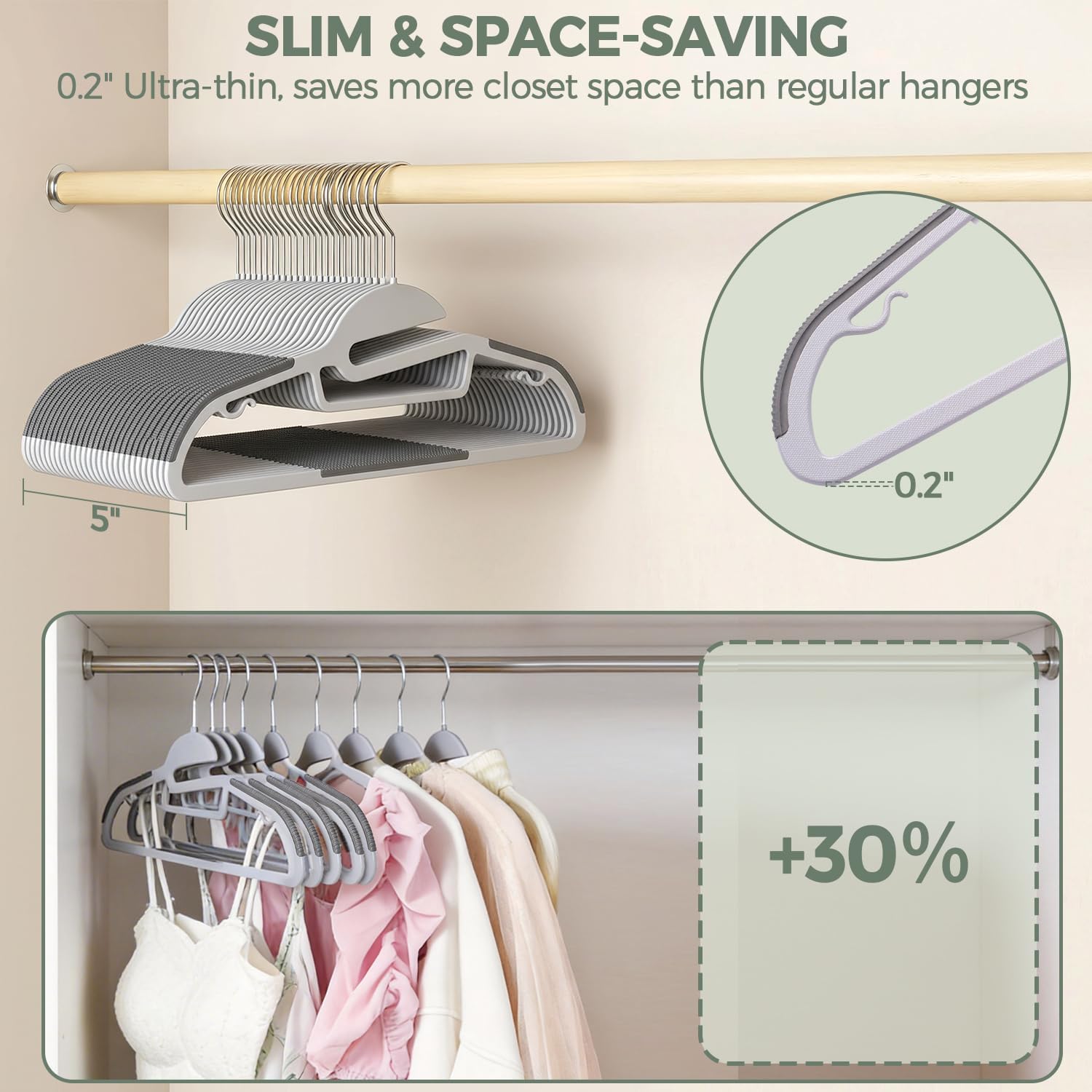 Annotated comparison showing the slim space-saving profile saving 30% more closet room