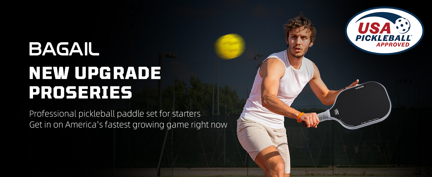 Player swinging a BAGAIL pickleball paddle on an outdoor court, USA Pickleball approved