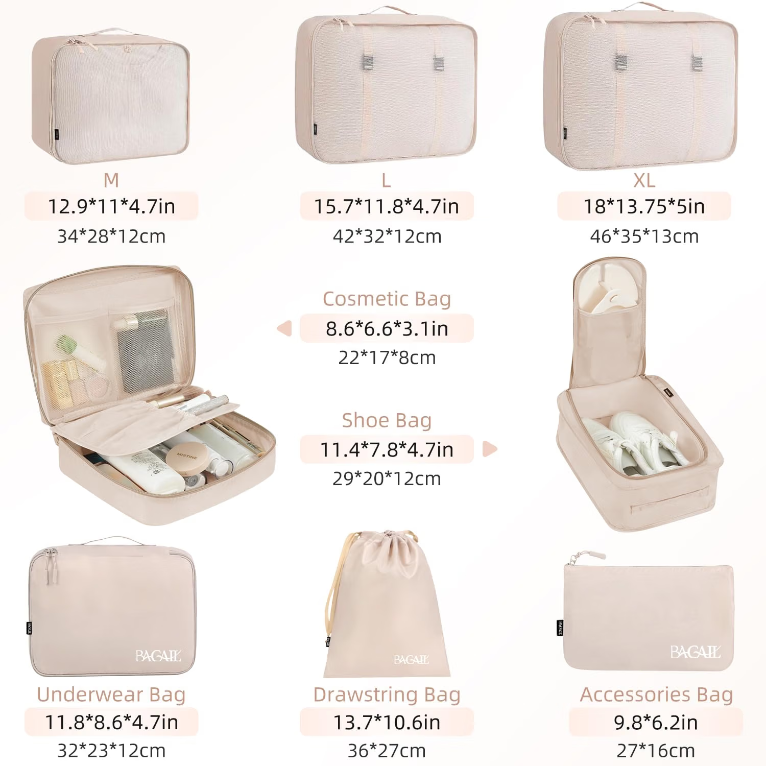 Official size chart for all eight packing organizers