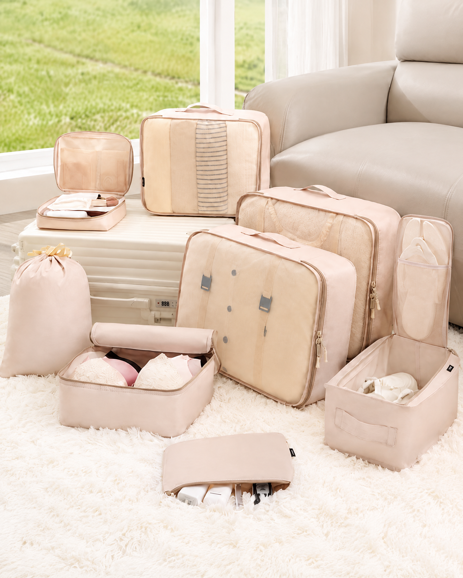 Cream travel packing organizer set, close-up product view