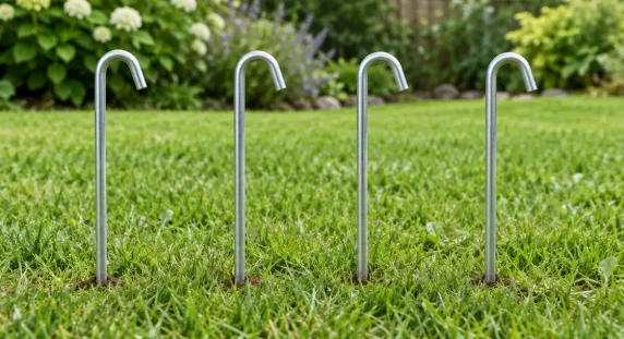 Four silver J-stakes standing in grass, included for anchoring the net on grass and sand
