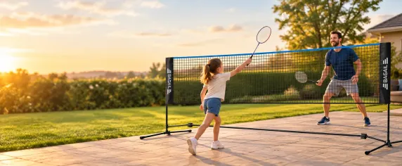 BAGAIL freestanding height-adjustable net set up on a suburban driveway with two players rallying