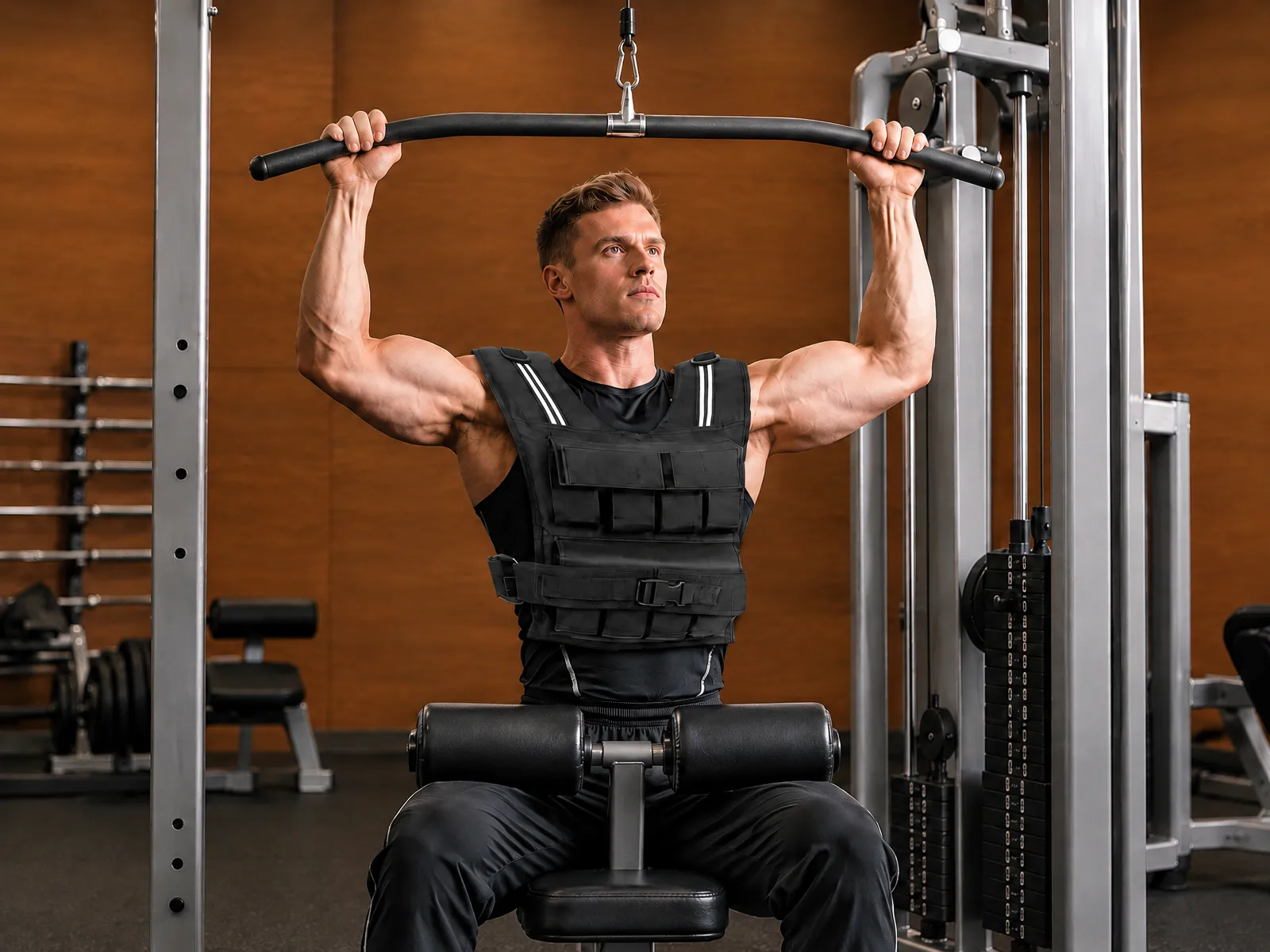 Advanced lifter doing a lat pulldown wearing the BAGAIL 40 lb weighted vest &mdash; text-free scene