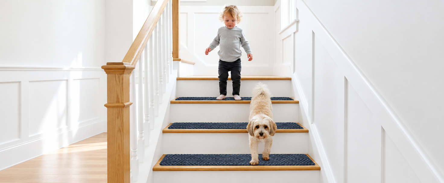 Toddler and small dog safely walking on navy blue non-slip stair treads in a bright home